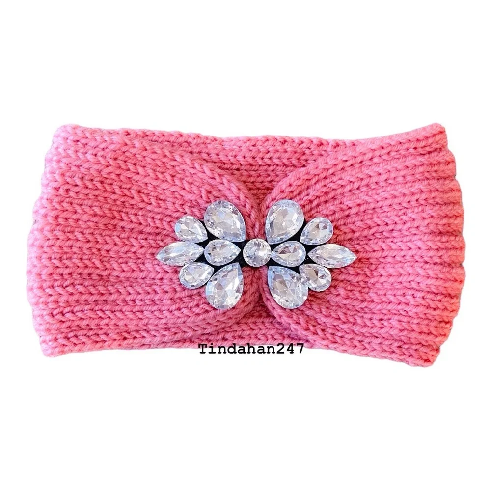 Teardrop Bow‎ Shape Clear Gem Pink Knit Knot Crochet Handmade Headband